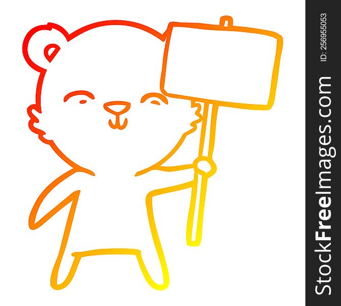 Warm Gradient Line Drawing Happy Cartoon Bear With Sign