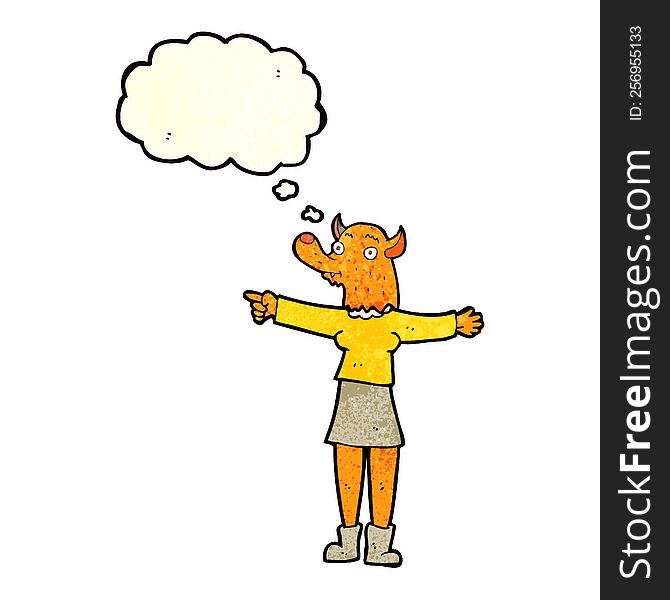 Cartoon Pointing Fox Woman With Thought Bubble