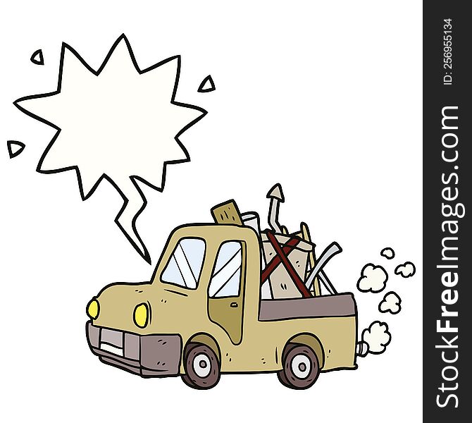 cartoon old truck full of junk with speech bubble