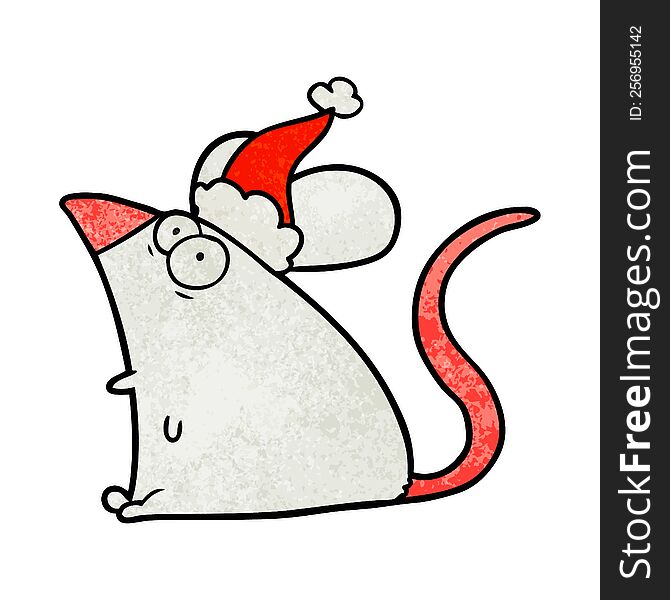hand drawn textured cartoon of a frightened mouse wearing santa hat