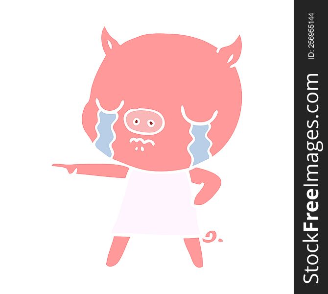 Flat Color Style Cartoon Pig Crying Pointing