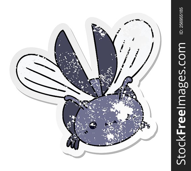 distressed sticker of a quirky hand drawn cartoon flying beetle