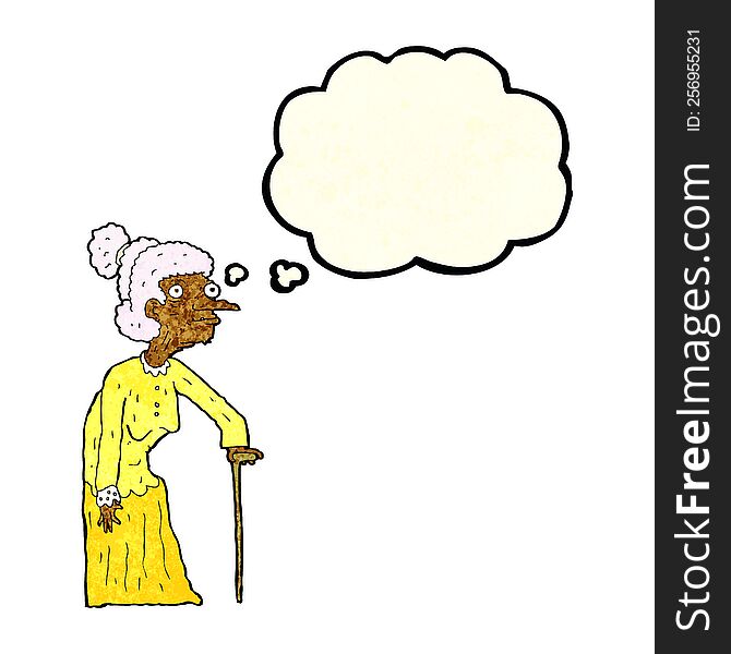 cartoon old woman with thought bubble