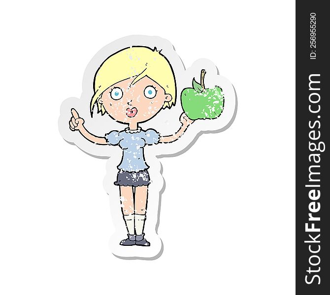 retro distressed sticker of a cartoon woman talking about health food