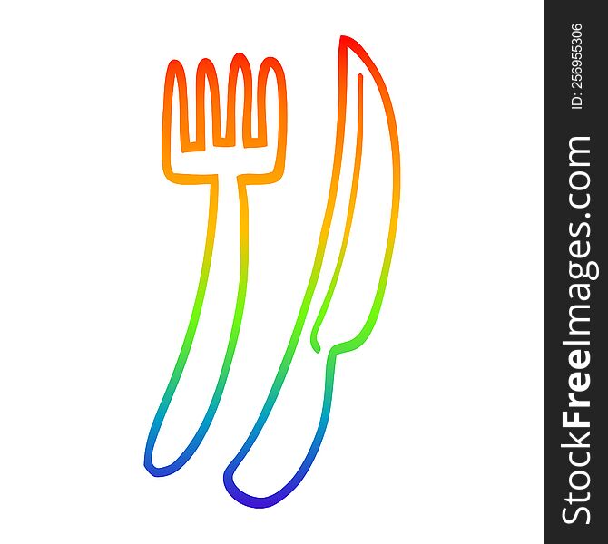 rainbow gradient line drawing of a cartoon gold cutlery set