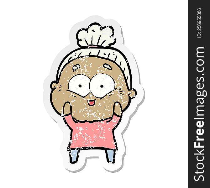 Distressed Sticker Of A Cartoon Happy Old Woman