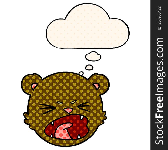 cute cartoon teddy bear face with thought bubble in comic book style