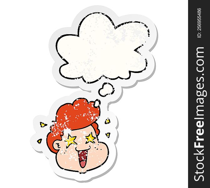 cartoon boy\'s face with thought bubble as a distressed worn sticker