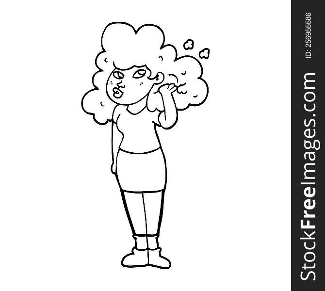 line drawing cartoon girl playing with hair