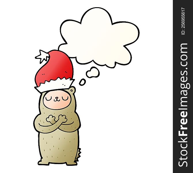 cartoon bear wearing christmas hat with thought bubble in smooth gradient style