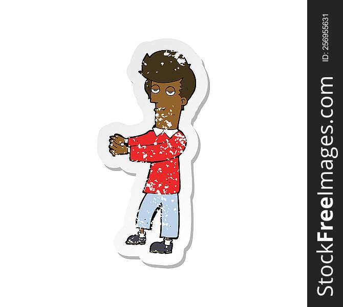 retro distressed sticker of a cartoon bored man showing the way