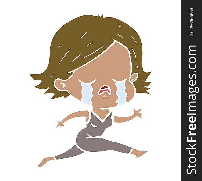Flat Color Style Cartoon Girl Crying Whilst Running
