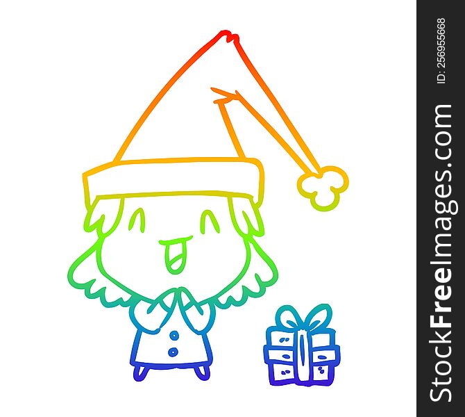 Rainbow Gradient Line Drawing Girl Wearing Christmas Hat