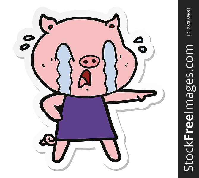 Sticker Of A Crying Pig Cartoon Wearing Human Clothes