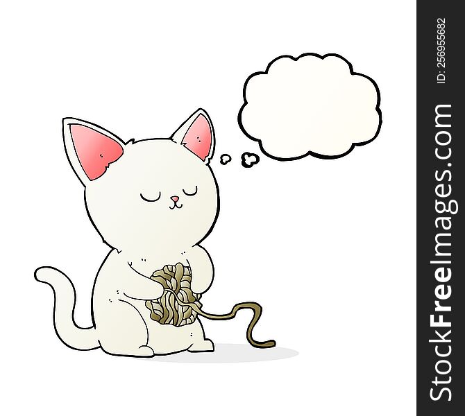 cartoon cat playing with ball of yarn with thought bubble