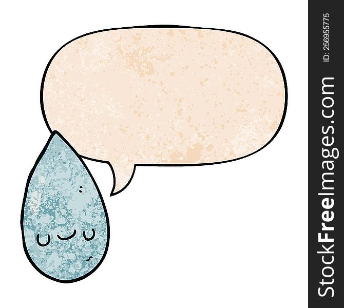 cartoon cute raindrop with speech bubble in retro texture style