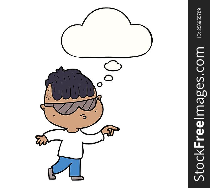 cartoon boy wearing sunglasses pointing with thought bubble