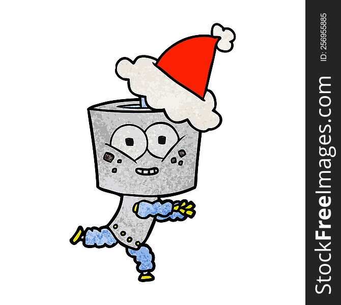 Happy Textured Cartoon Of A Robot Wearing Santa Hat