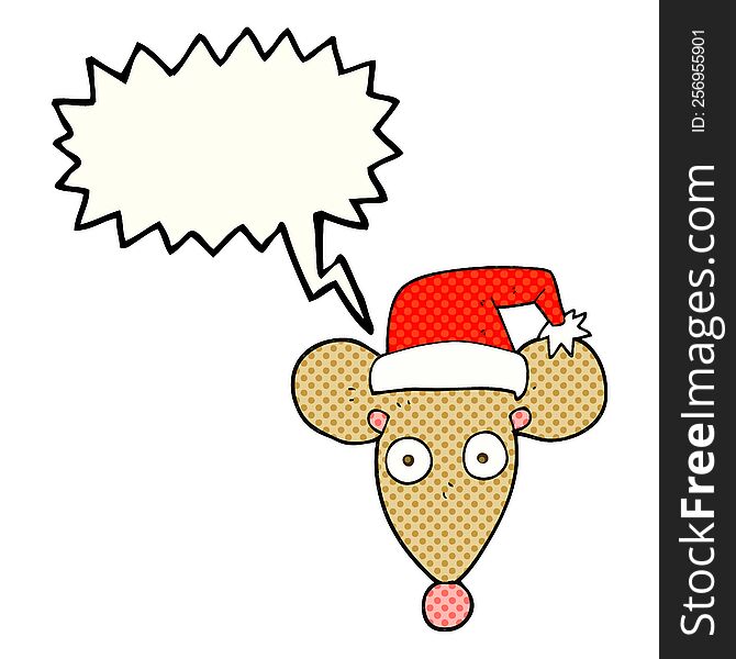 Comic Book Speech Bubble Cartoon Mouse In Christmas Hat
