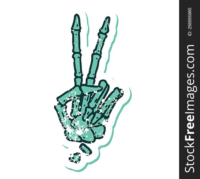 Distressed Sticker Tattoo Style Icon Of A Skeleton Hand Giving A Peace Sign