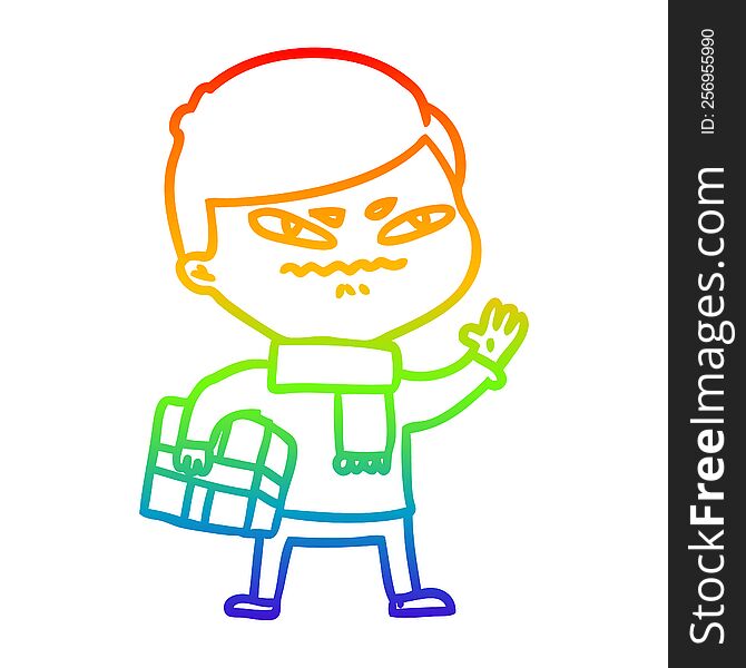 rainbow gradient line drawing of a cartoon angry man carrying parcel