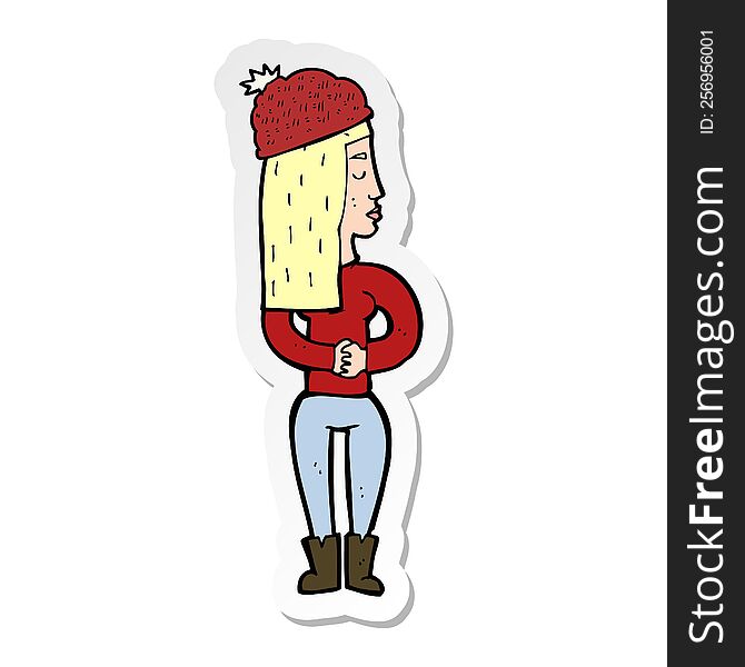 sticker of a cartoon woman wearing winter hat