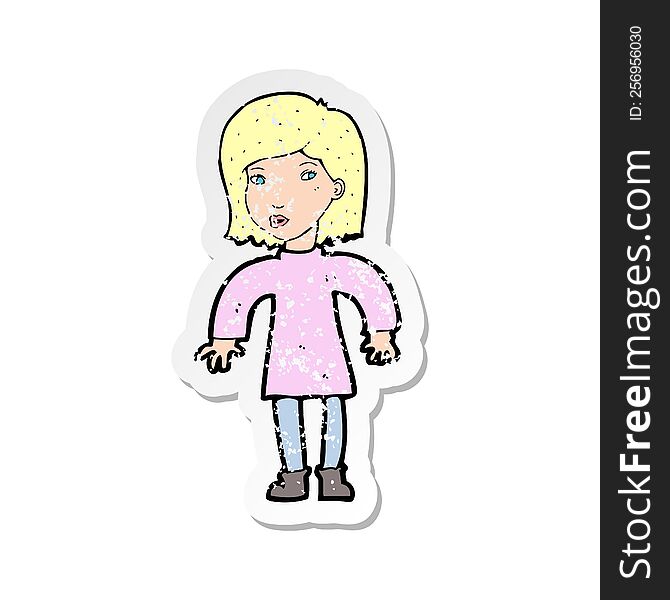 Retro Distressed Sticker Of A Cartoon Cautious Woman