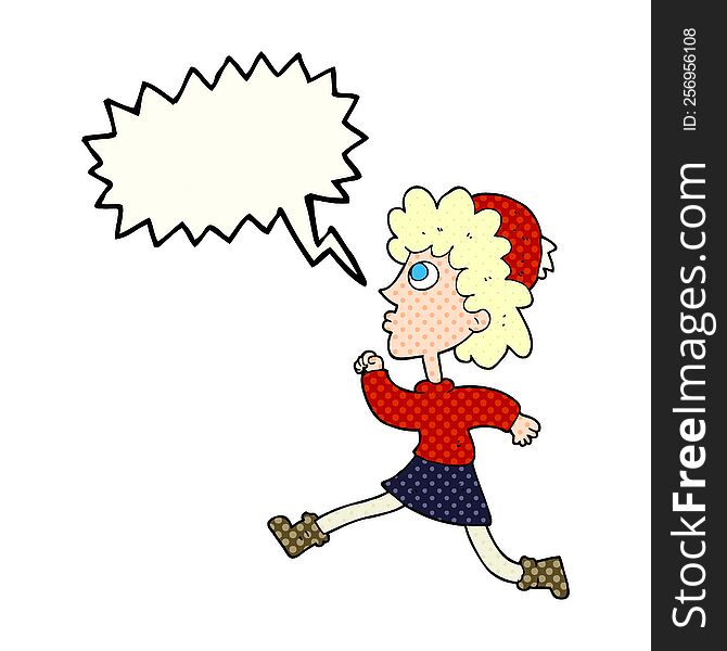 freehand drawn comic book speech bubble cartoon running woman