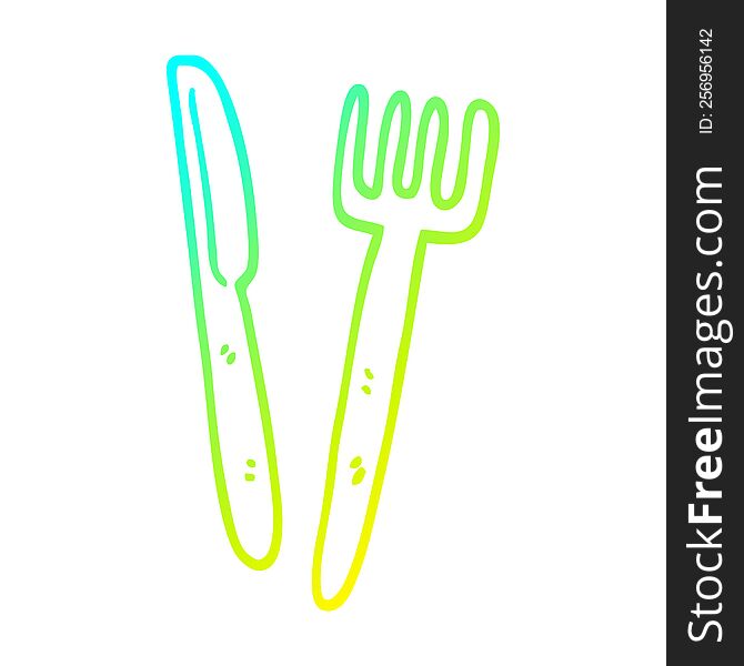cold gradient line drawing of a cartoon knife and fork