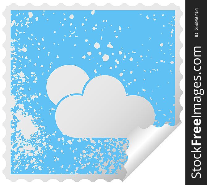 distressed square peeling sticker symbol of a sunshine and cloud