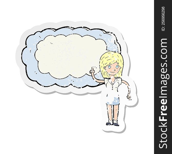 retro distressed sticker of a cartoon woman with text space cloud