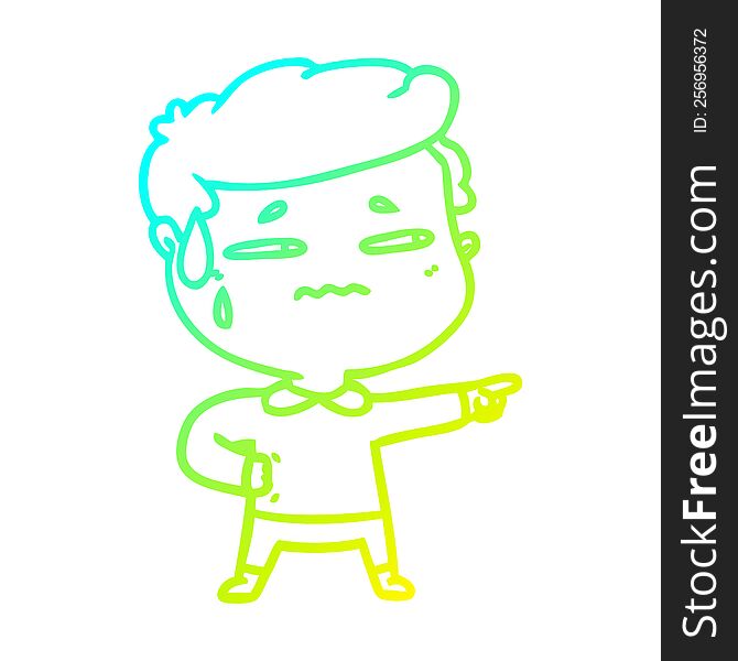 cold gradient line drawing of a cartoon anxious man pointing