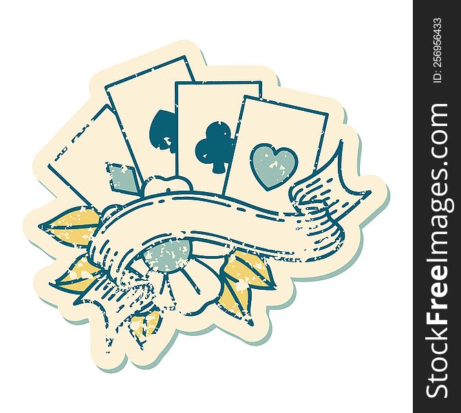iconic distressed sticker tattoo style image of cards and banner. iconic distressed sticker tattoo style image of cards and banner