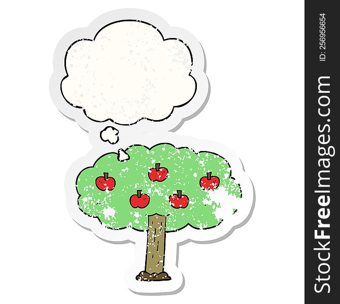 cartoon apple tree with thought bubble as a distressed worn sticker