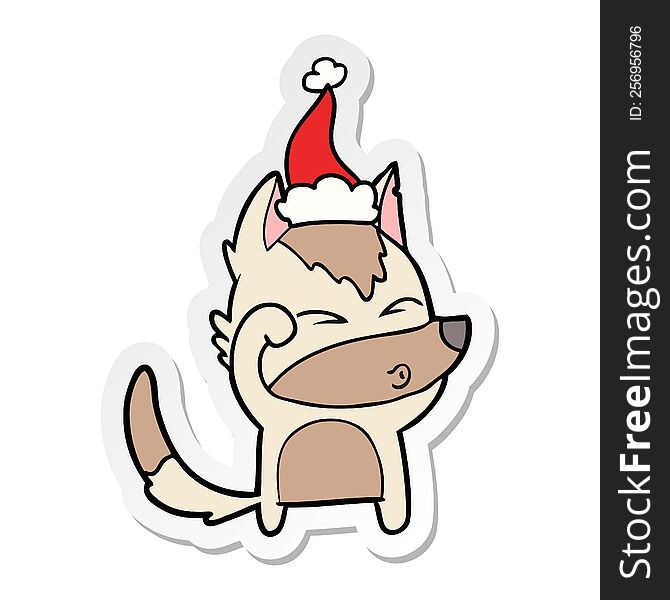 Sticker Cartoon Of A Wolf Pouting Wearing Santa Hat