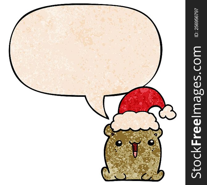 Cute Cartoon Bear And Christmas Hat And Speech Bubble In Retro Texture Style