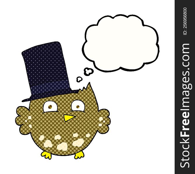 freehand drawn thought bubble cartoon little owl with top hat