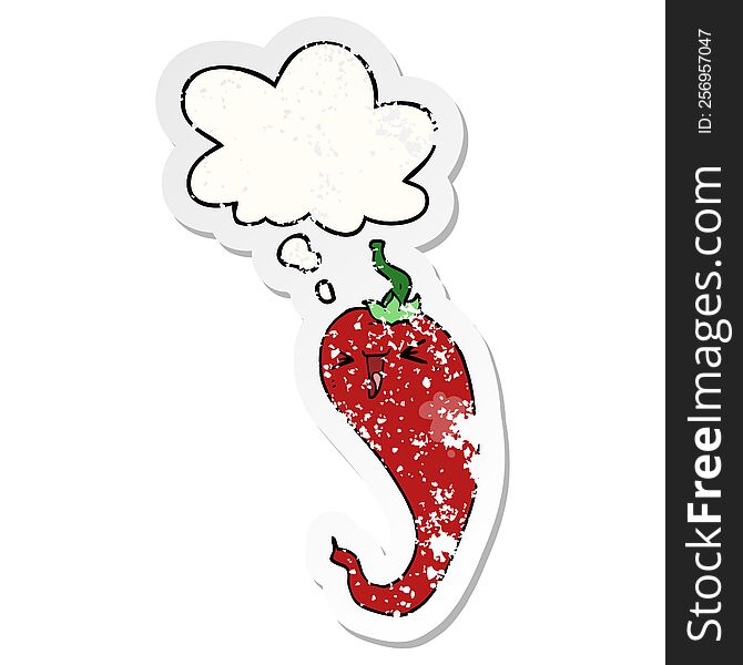 cartoon hot chili pepper with thought bubble as a distressed worn sticker