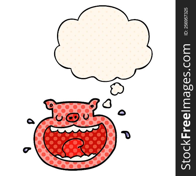 cartoon obnoxious pig with thought bubble in comic book style
