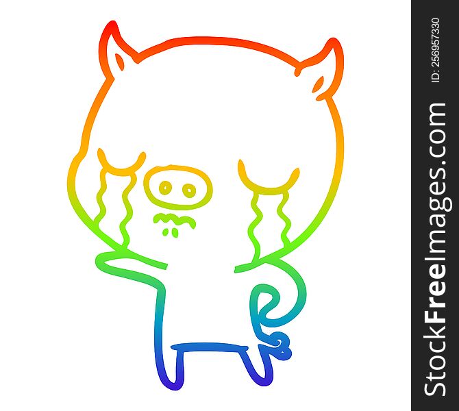 rainbow gradient line drawing of a cartoon pig crying