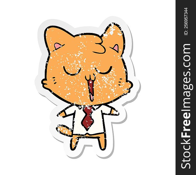 distressed sticker of a cartoon cat in shirt and tie