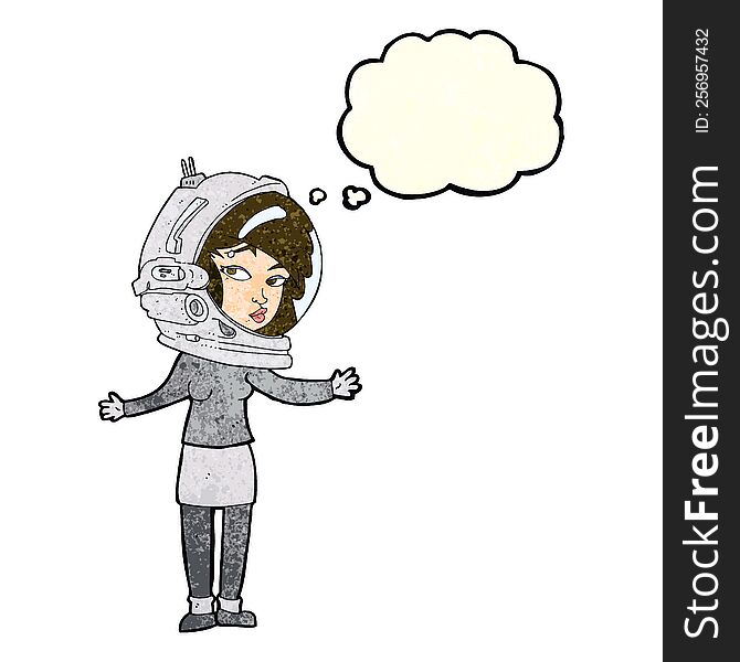 cartoon woman wearing astronaut helmet with thought bubble