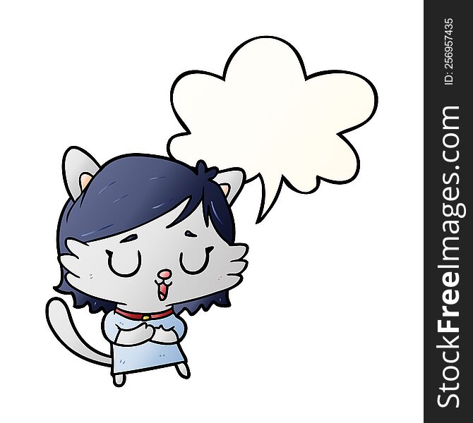 Cartoon Cat Girl And Speech Bubble In Smooth Gradient Style