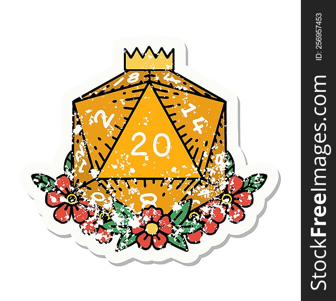 Natural 20 D20 Dice Roll With Floral Elements Grunge Sticker