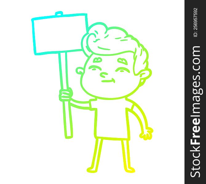 cold gradient line drawing of a happy cartoon man with sign
