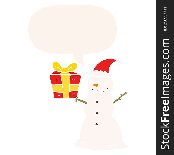 Cartoon Snowman And Present And Speech Bubble In Retro Style