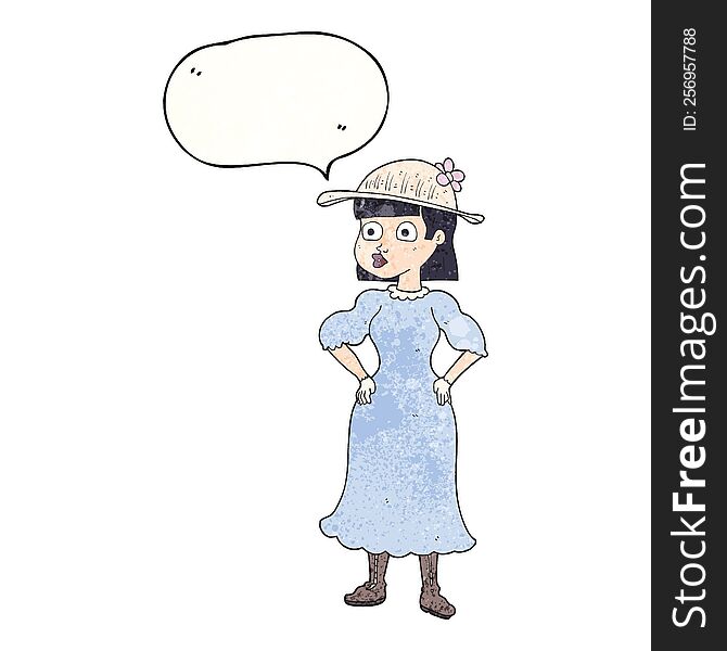 freehand speech bubble textured cartoon woman in sensible dress