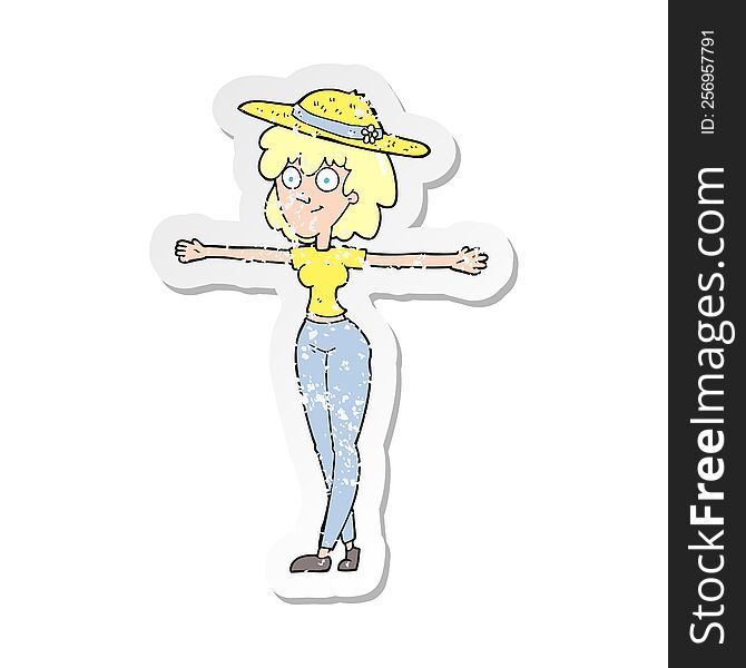 Retro Distressed Sticker Of A Cartoon Woman Spreading Arms