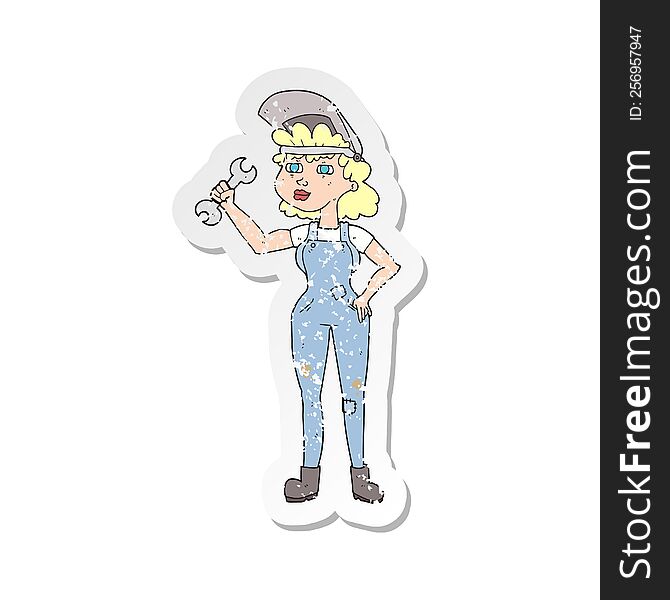 Retro Distressed Sticker Of A Cartoon Woman With Spanner