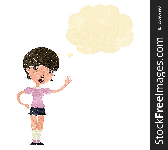 Cartoon Girl Waving With Thought Bubble